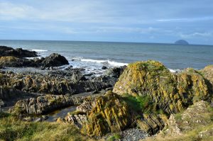 Ardwell Bay on the Ayrshire coast - ordovician rock and a view looking out to sea towards Ailsa Craig.